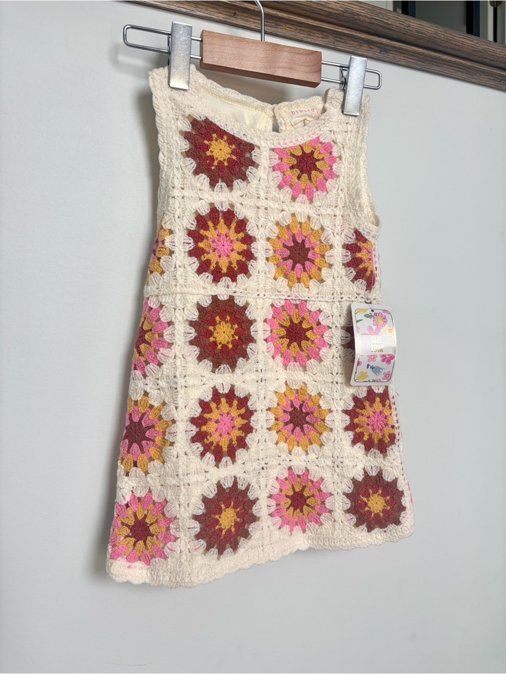 Girls Crochet Patchwork Dress in Cream with Pink & Brown Accents, size 18 months